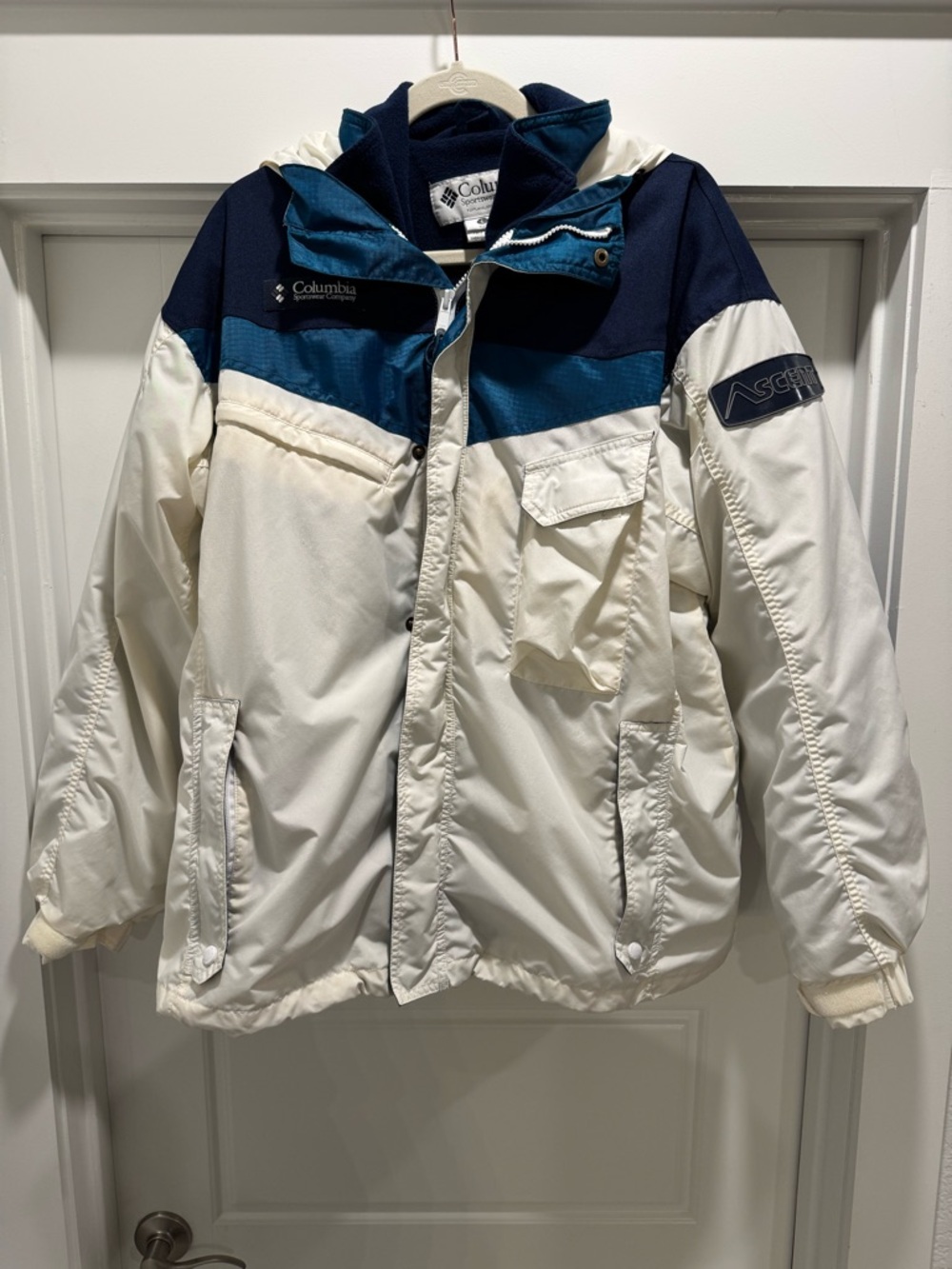Columbia 3 in 1 Interchange Jacket Mens L White Navy Teal Fleece Liner Vintage